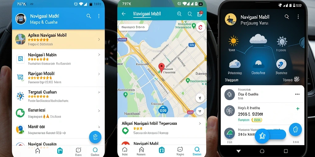 Antarmuka aplikasi 797K yang menunjukkan rute navigasi mobil.